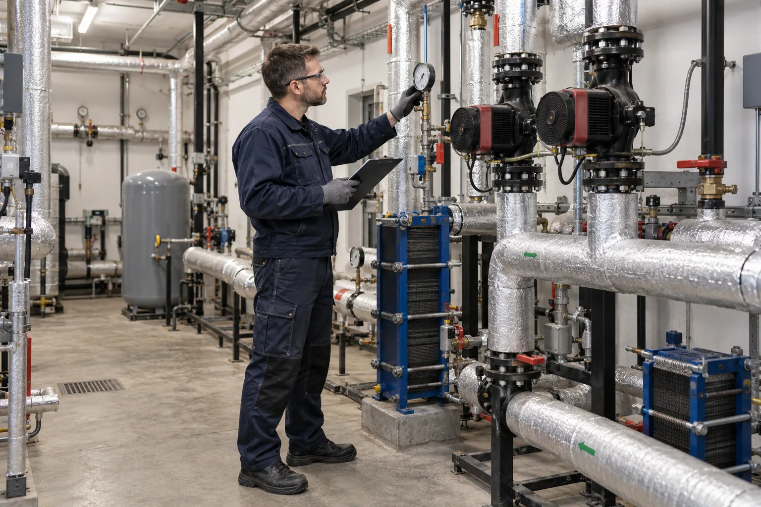 Technik kontroluje manometr w pomieszczeniu węzła cieplnego